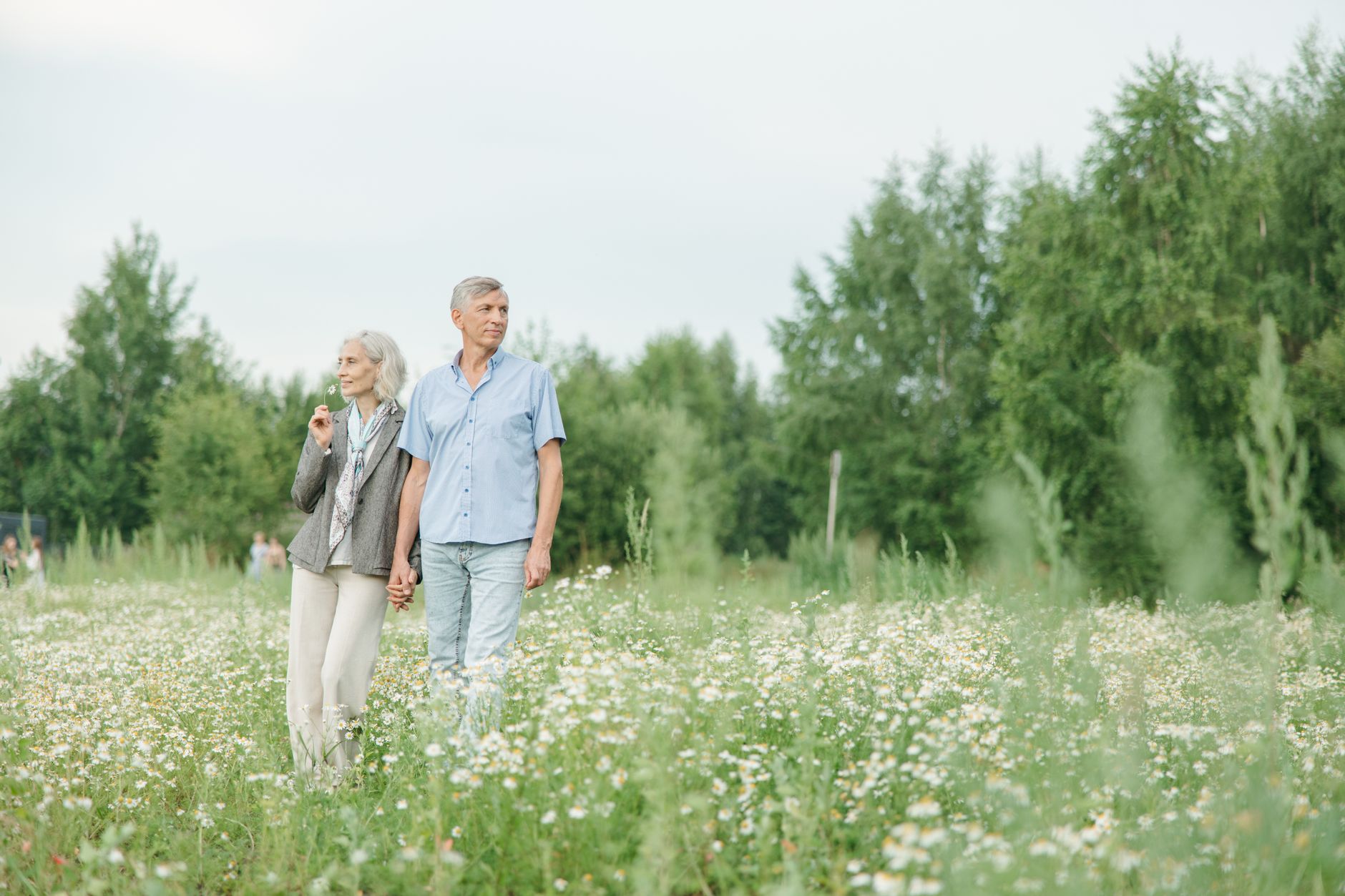 Un couple plus âgé marchant main dans la main dans un champ de fleurs sauvages
